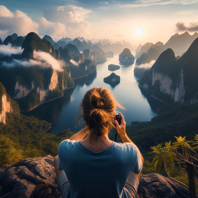 A person sits on a rocky ledge, overlooking a serene, scenic landscape of lush green mountains partly covered in mist, with a winding river flowing through the valleys. The sun is rising or setting, casting a warm glow over the scene. The person is holding a camera, poised to capture the breathtaking view.