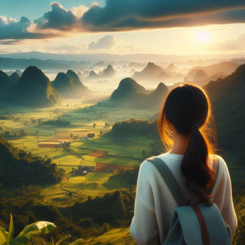 A person with a backpack is standing on a viewpoint, overlooking a vast, lush valley with rolling hills and farmlands. The sun is setting, casting warm, golden light across the landscape and creating a serene, atmospheric scene. The sky is partly cloudy, adding to the tranquil ambience.