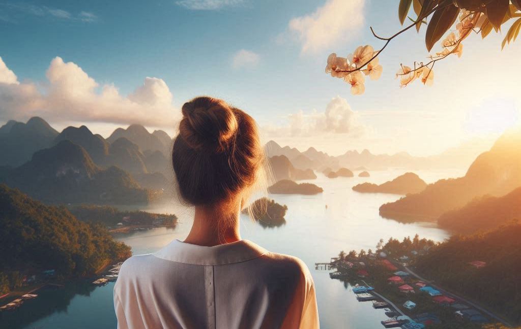 A woman with her hair in a bun, dressed in a white blouse, is standing and looking out over a serene landscape with lush green mountains, a calm body of water with islands, and a vibrant sunset sky. Flowering branches hang from the top right corner, framing the picturesque view.