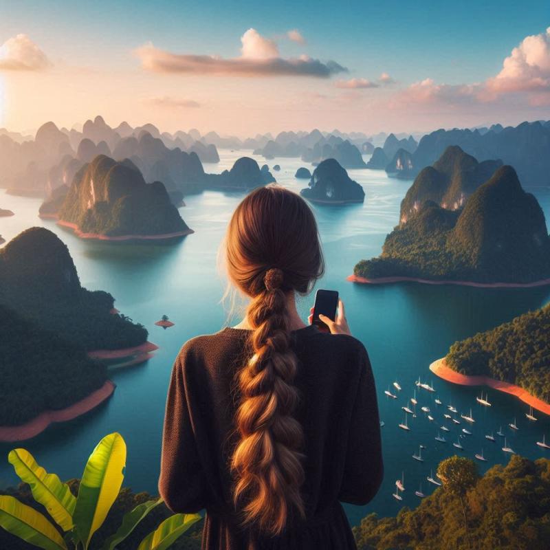 A woman with long braided hair stands on a viewpoint, holding a smartphone and gazing out at a serene landscape of lush, green islands and calm, blue waters. The sky is adorned with soft, scattered clouds, and several small boats dot the water below. The scene exudes tranquility and natural beauty.