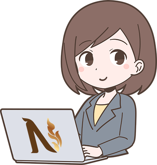 Illustration of a cheerful woman with short, brown hair, wearing a blue suit, working on a laptop. The laptop features the Nattakan Thai Massage salon logo.